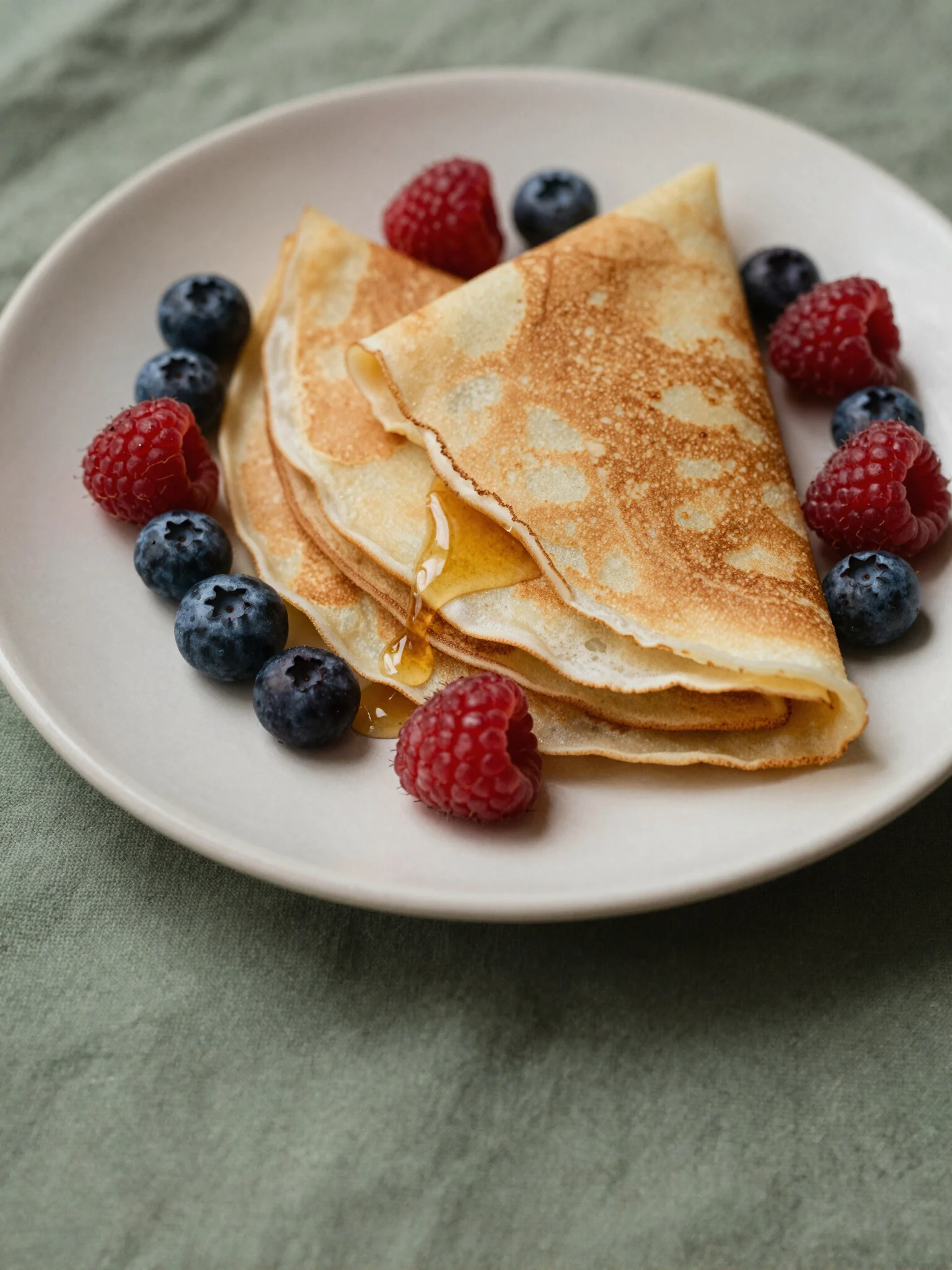 Crêpes légères sans gluten pliées, servies avec framboises et myrtilles