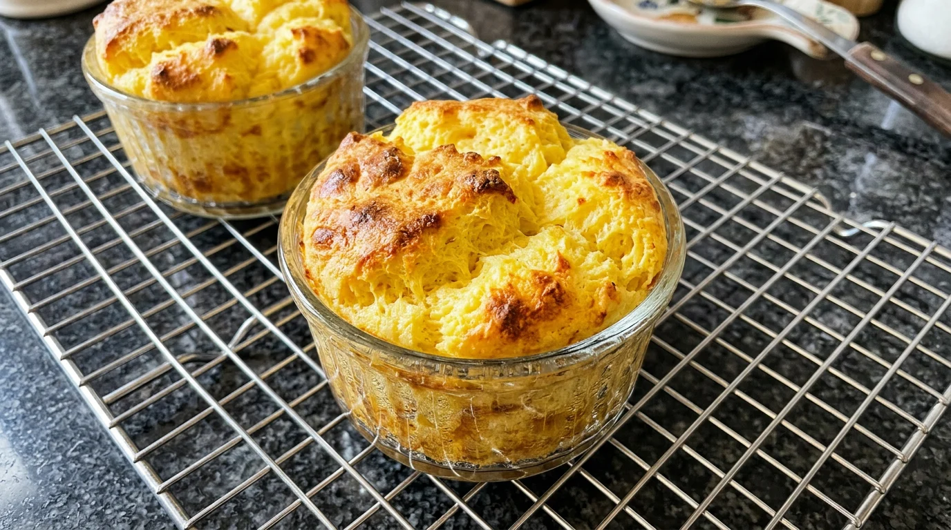 Flans protéinés dorés en ramequins sur une grille
