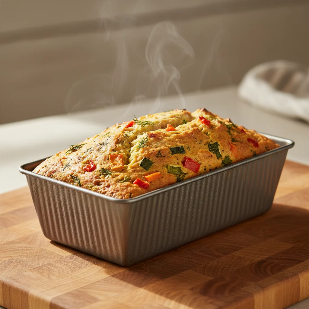 Cake salé aux légumes sans gluten dans son moule, tout juste sorti du four